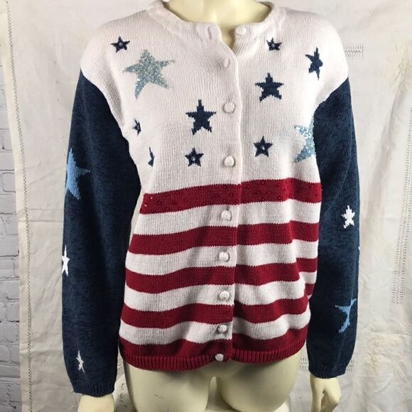 Tiara Intl Patriotic Sweater Women's Large 4th of July Stars & Stripes GUC sz Sm - Picture 1 of 5
